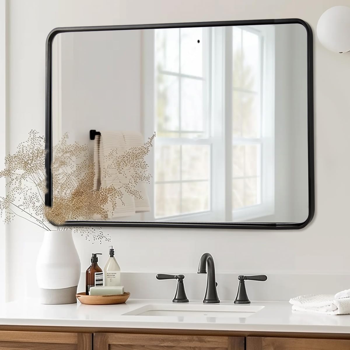 ANDY STAR 40X32 Inch Black Bathroom Mirror, Black Bathroom Vanity Mirrors for Wall, Rounded Rectangle Mirror for Bathroom, Seaml