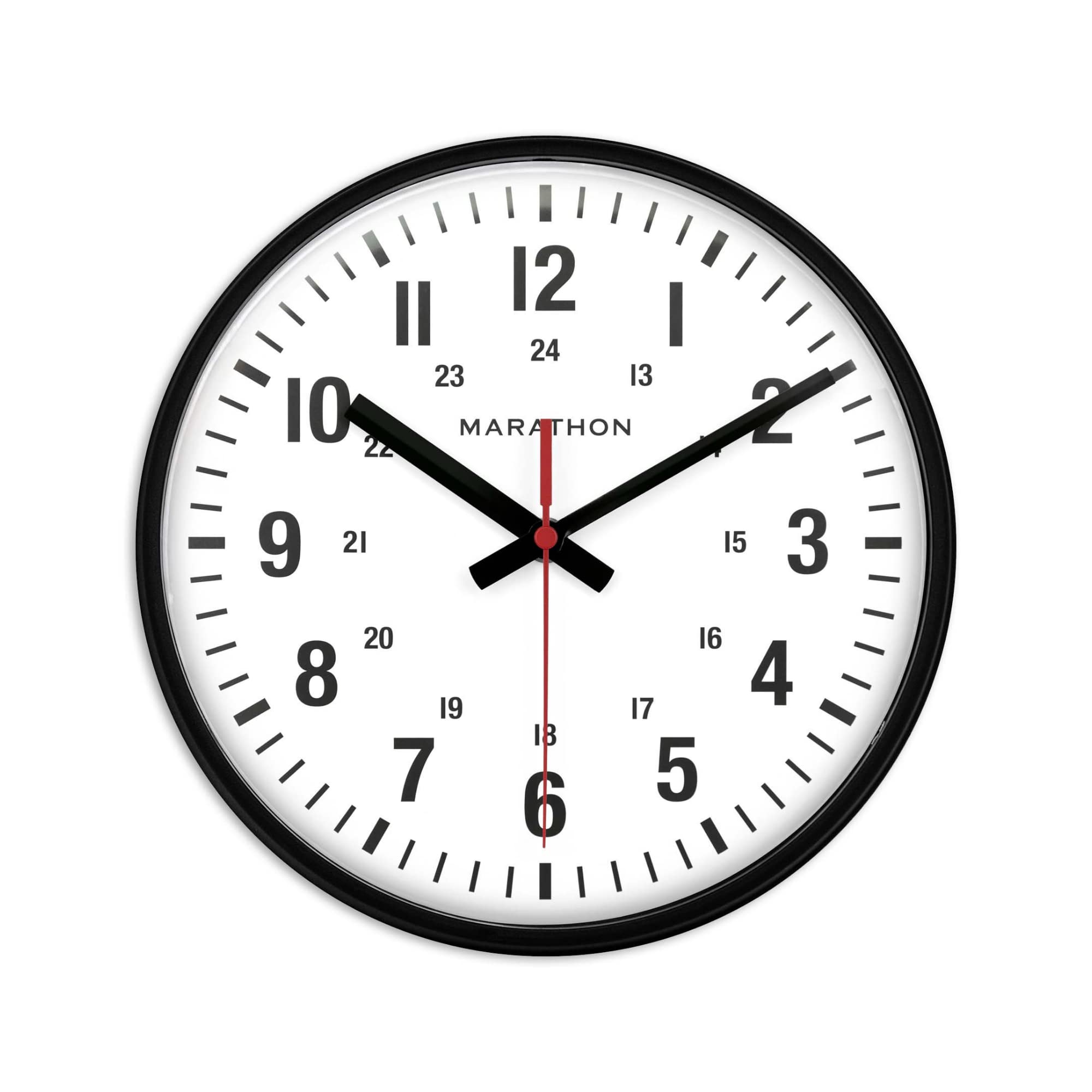 MARATHON 10    Analog Clock, Black - Silent, Continuous-Sweep Second Hand - Easy-to-Read Dial - 12 & 24-Hour Markers - Integrate