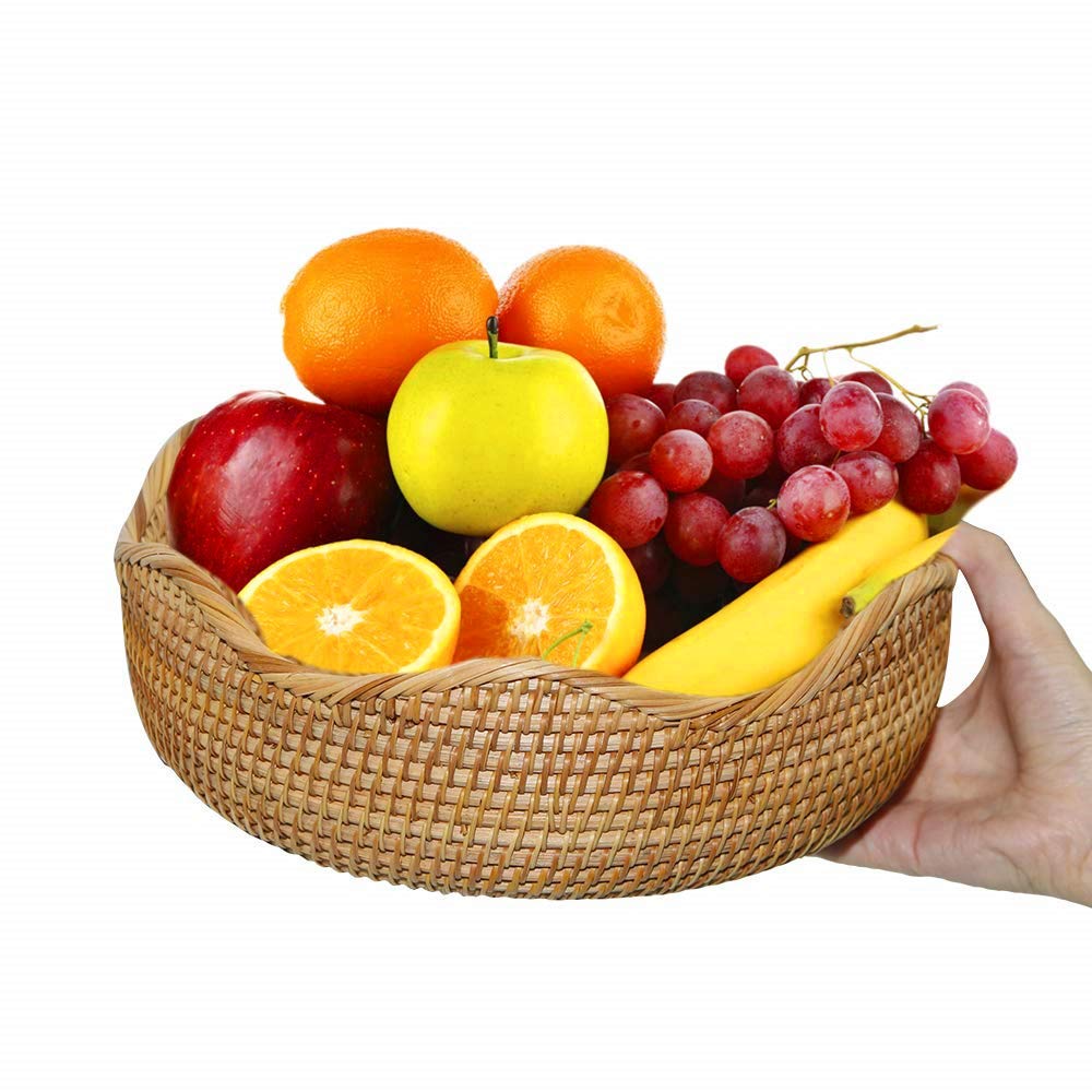 Amololo Handmade Rattan Round Fruit Basket Food Storage Bowls Kitchen Organizer Snack Serving Bowl, 11 Inch Boho Wicker Bread Bo