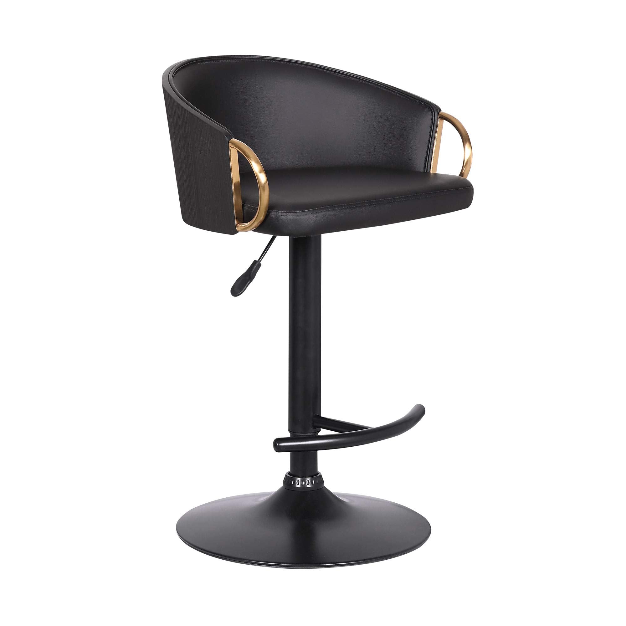 Benjara Adjustable Leatherette Swivel Barstool With Arched Seat, Black, Gold