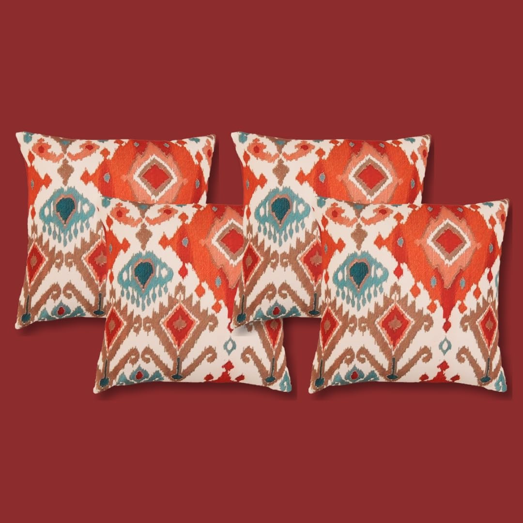 Zeba World Cushion Cover Set  Printed Modern Ikat Design  Orange  16X16 Inch (40X40 Cm)  Decorative Polycanvas Cushion Cover
