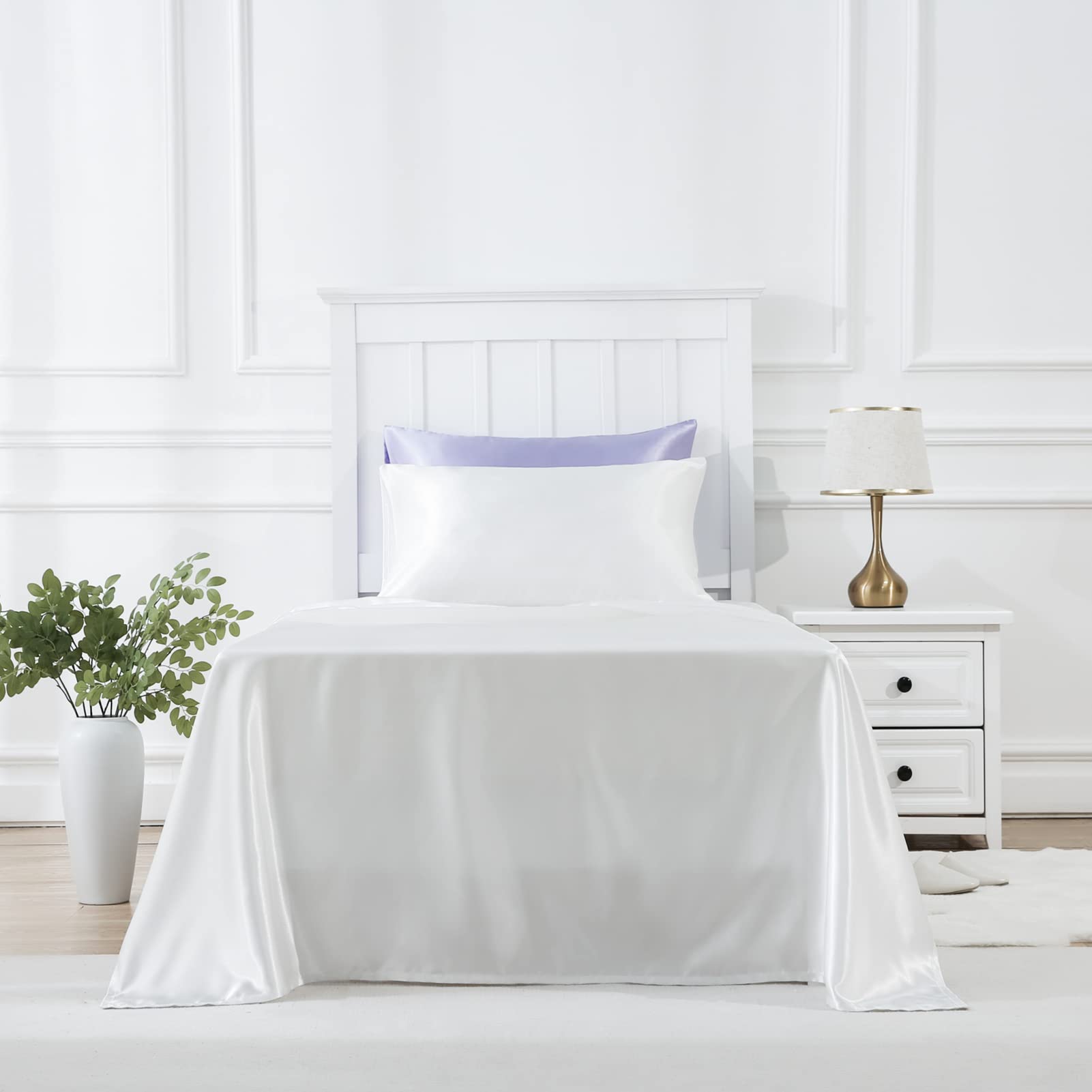 Golal Satin Sheets Twin Size - 3 Pieces Luxury Silky Soft Bed Sheets For Kids, Wrinkle-Free White Satin Silk Sheet Set With 1 Deep Pocket Fitted Sheet, 1 Flat Sheet, 1 Pillow Case
