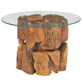 vidaXL Handmade Coffee Table with Solid Teak Driftwood Base and Tempered Glass Top  23.6 Round Side Table Perfect for Living R