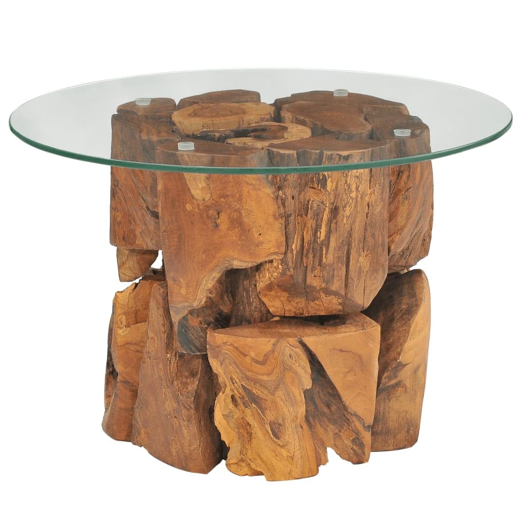vidaXL Handmade Coffee Table with Solid Teak Driftwood Base and Tempered Glass Top  23.6 Round Side Table Perfect for Living R