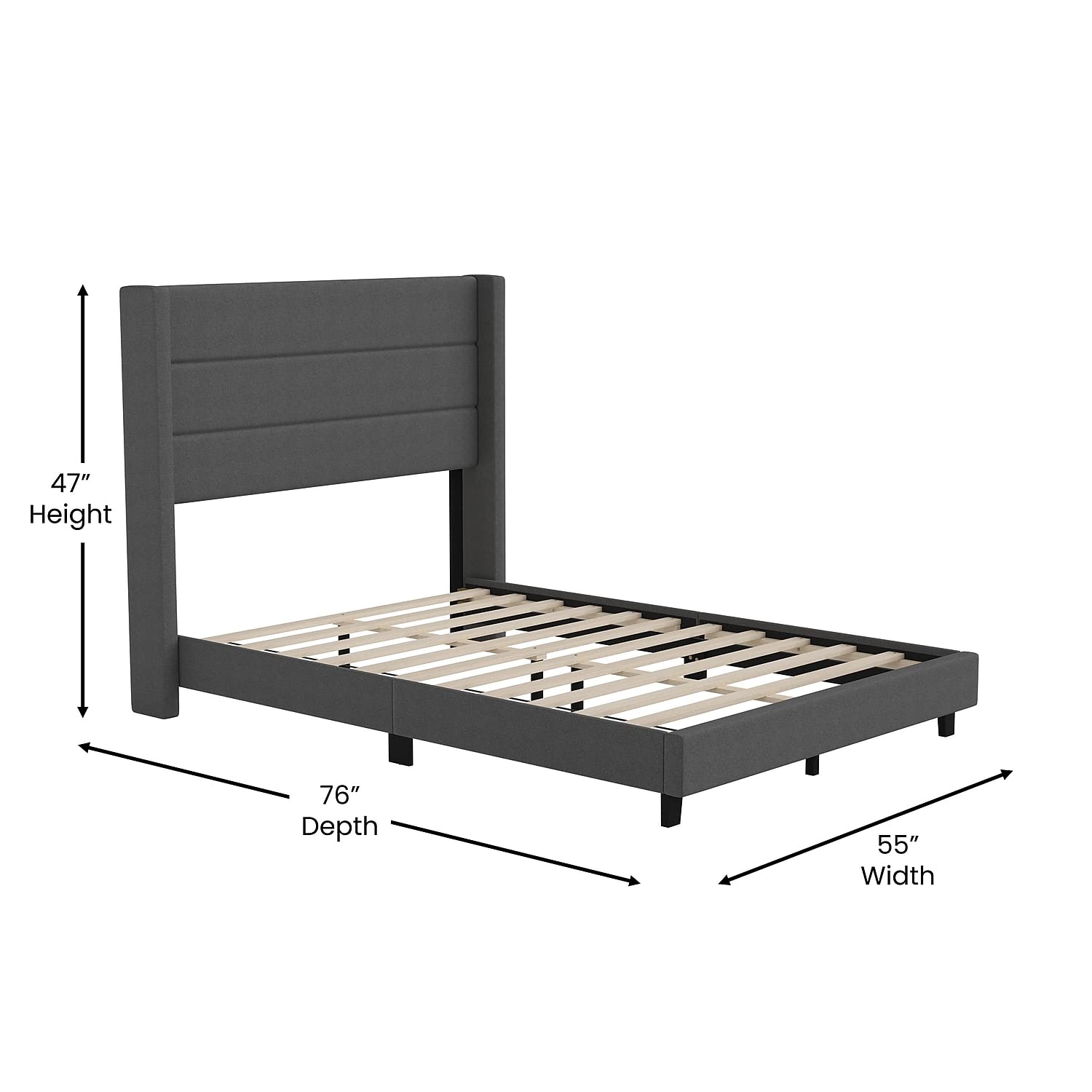 Flash Furniture Hollis Upholstered Platform Bed - Charcoal Faux Linen Wingback Headboard - Full - Mattress Foundation with Slatted Supports - No Box Spring Needed