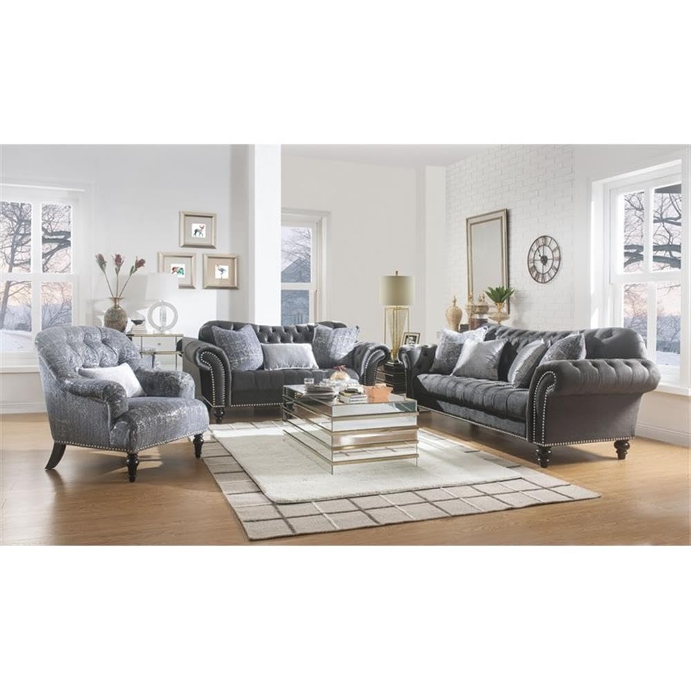 Acme Gaura Velvet Tufted Loveseat with Nail-Head Trim in Dark Gray