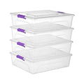 4 Pack Clear Plastic Storage Bins with Purple Lids Stackable Storage Box