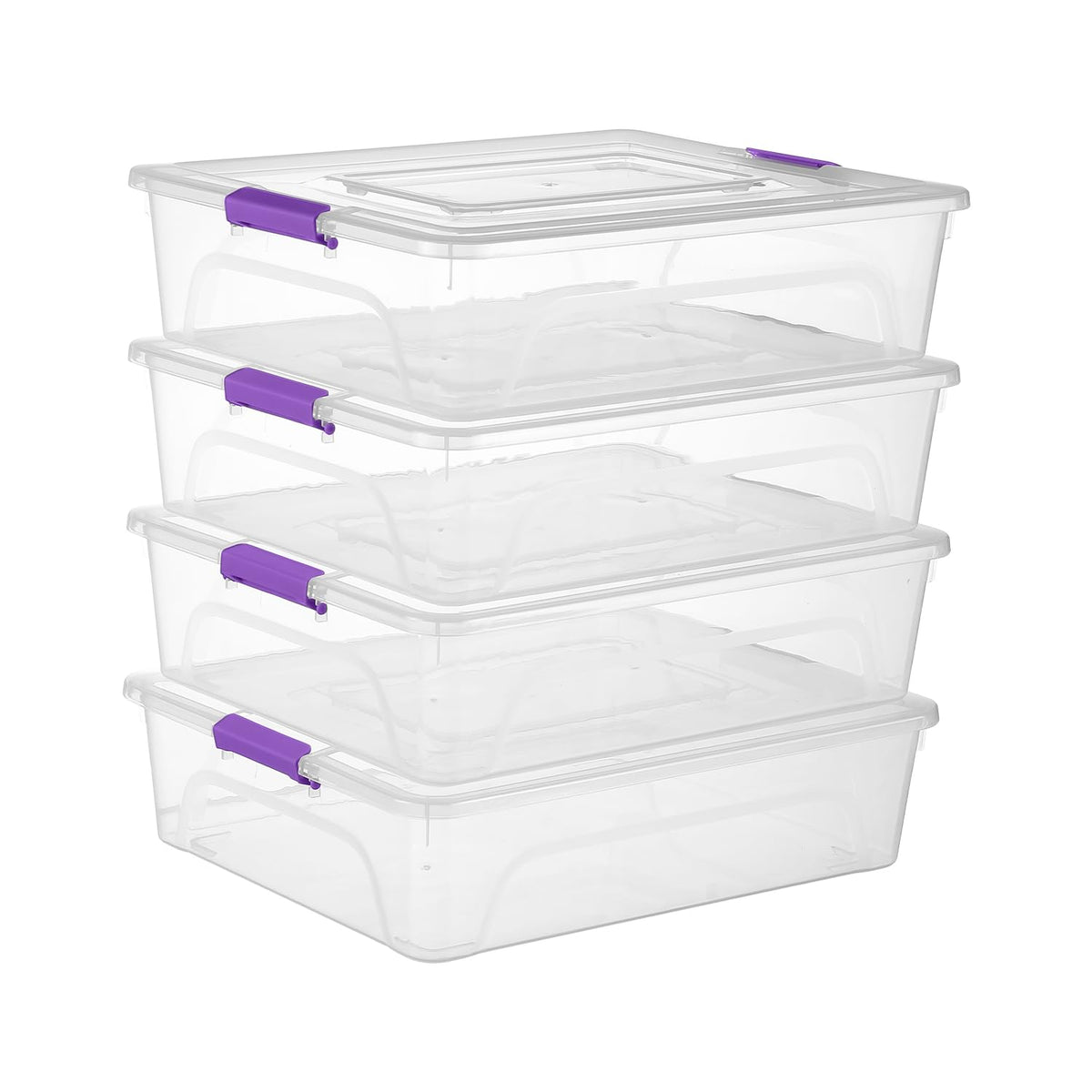 4 Pack Clear Plastic Storage Bins with Purple Lids Stackable Storage Box