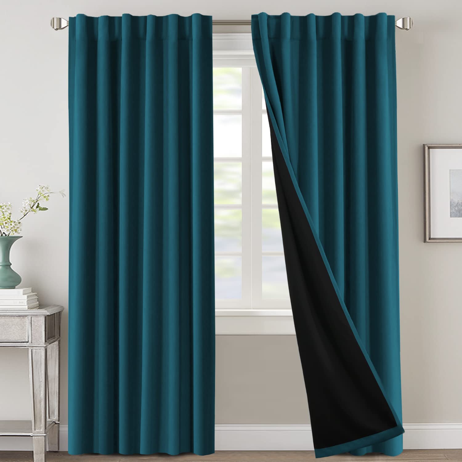 H.VERSAILTEX 100% Blackout Curtains for Bedroom with Black Liner Full Room Darkening Curtains 84 Inches Long Thermal Insulated B