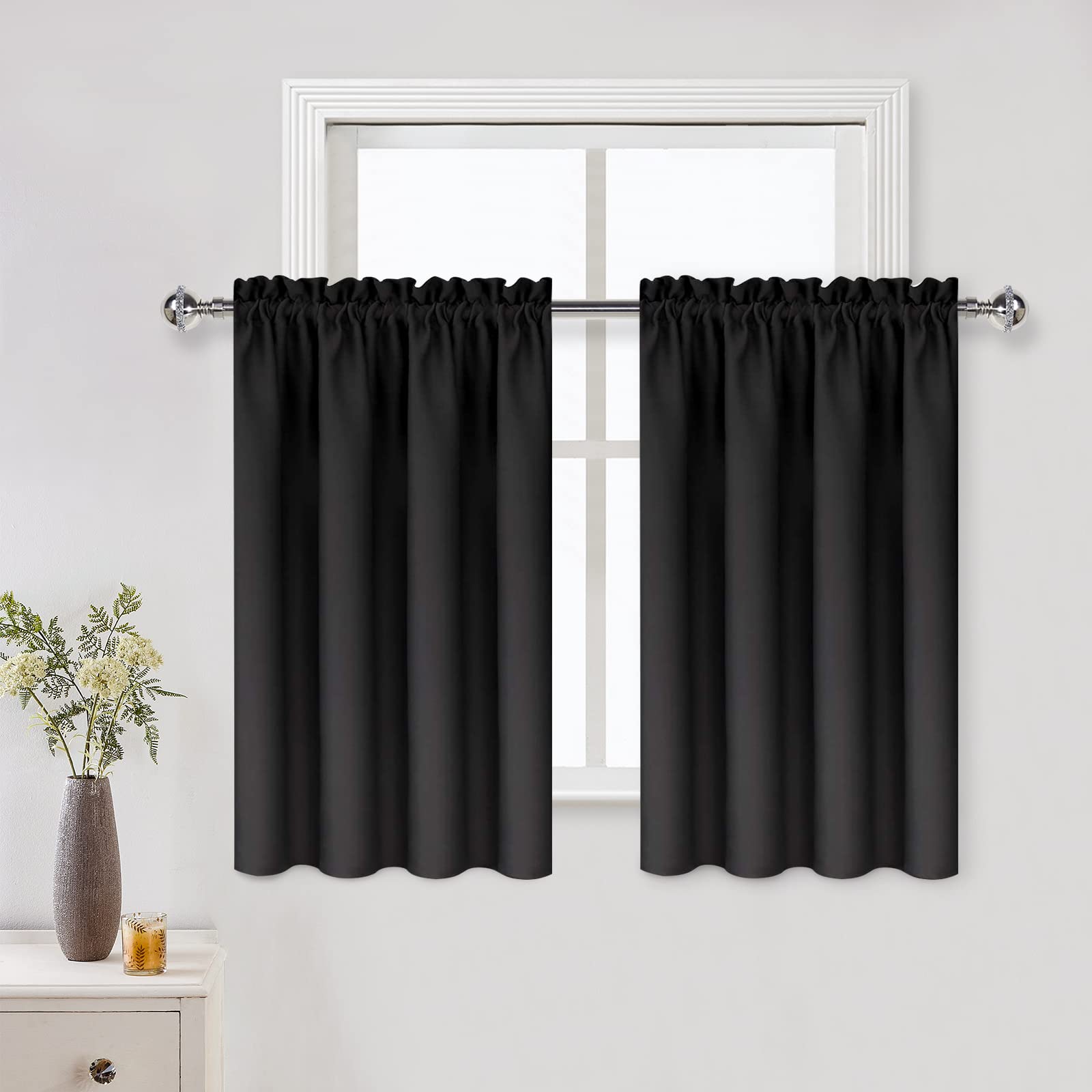 Dwcn Black Short Blackout Curtains For Small Window, Thermal Insulated Energy Saving Room Darkening Curtains For Kitchen/Bedroom