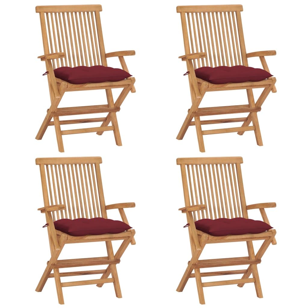 Vidaxl 4X Solid Teak Wood Patio Chairs Garden Terrance Outdoor Furniture Wooden Folding Dinner Dining Seating Chairs With Wine Red Cushions