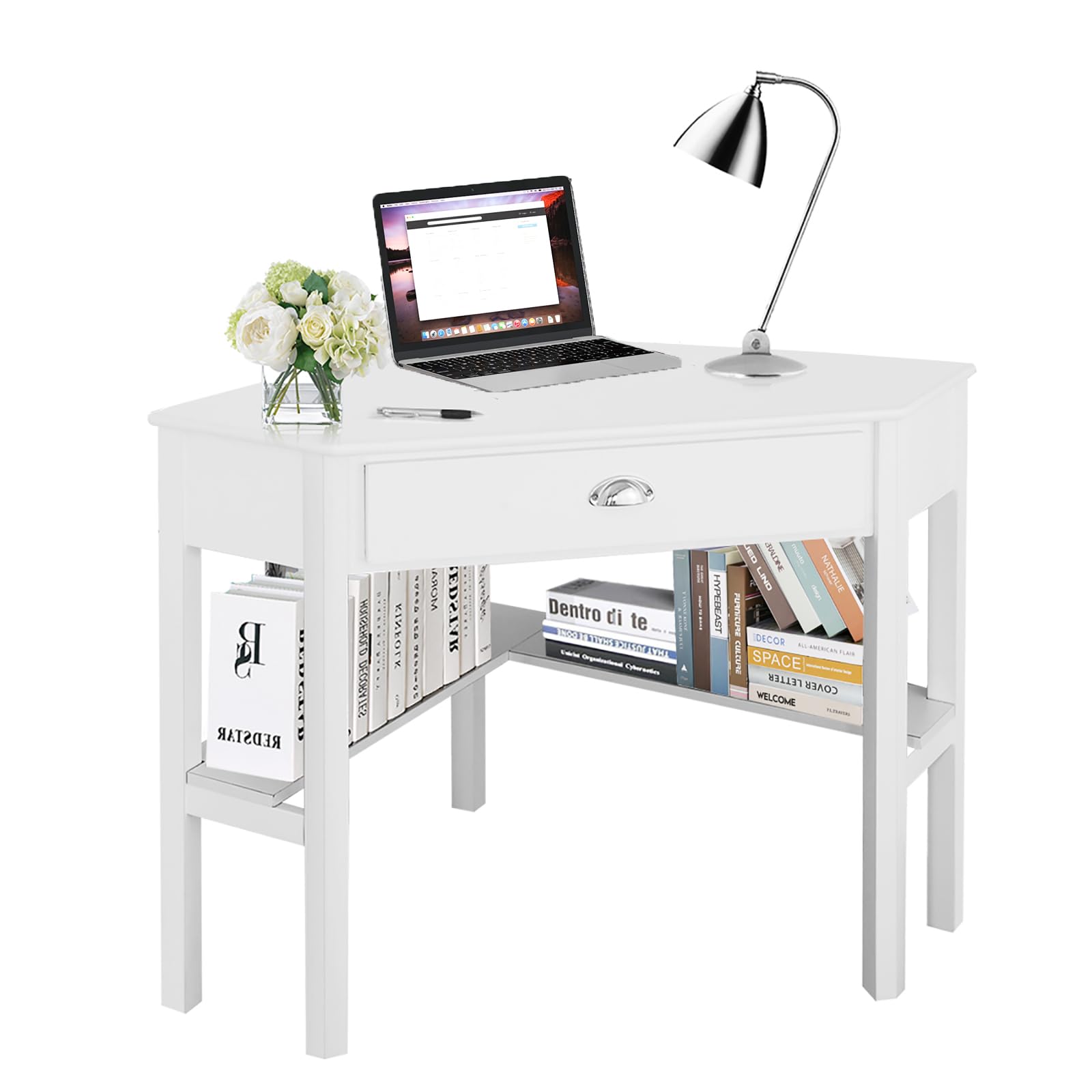 Silkydry Corner Computer Desk, Space-Saving Corner Table With Drawer & Shelves, Home Office 90° Triangle Corner Workstation, Modern Makeup Vanity Table, Small Corner Desk For Small Spaces (White)