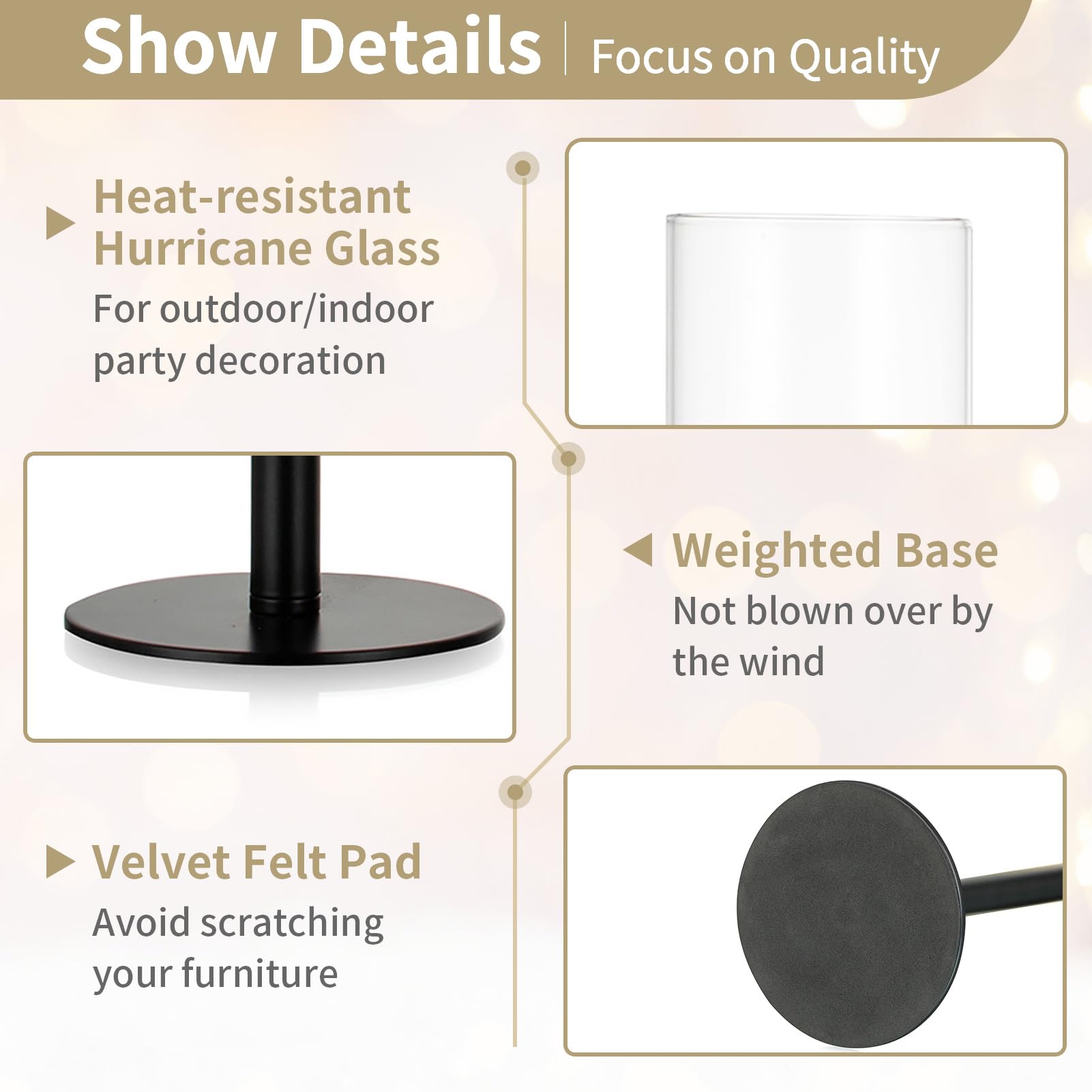 Nuptio Hurricane Glass Candle Holders: 6 Pcs Black Metal Candlestick Tapered Holder With Clear Chimney Covers Bottomless Tall Mo