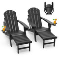 Greenvines Adirondack-Chairs-With-Ottoman | Set Of 2 | Folding | Retractable-Footrest | Hdpe Plastic | All Weather Fire Pit Chair | Cup Holders | Black | For Outdoor Poolside