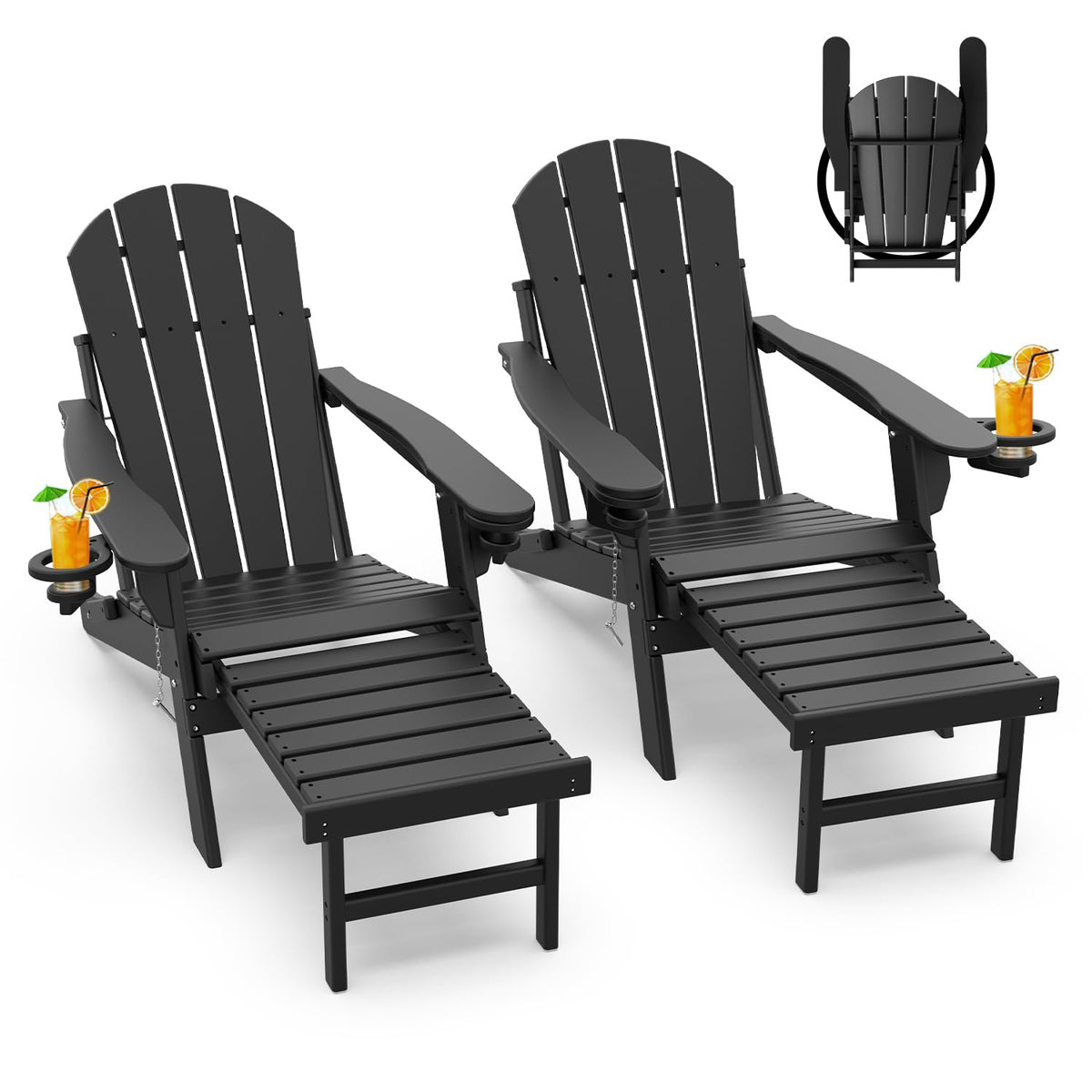 Greenvines Adirondack-Chairs-With-Ottoman | Set Of 2 | Folding | Retractable-Footrest | Hdpe Plastic | All Weather Fire Pit Chair | Cup Holders | Black | For Outdoor Poolside