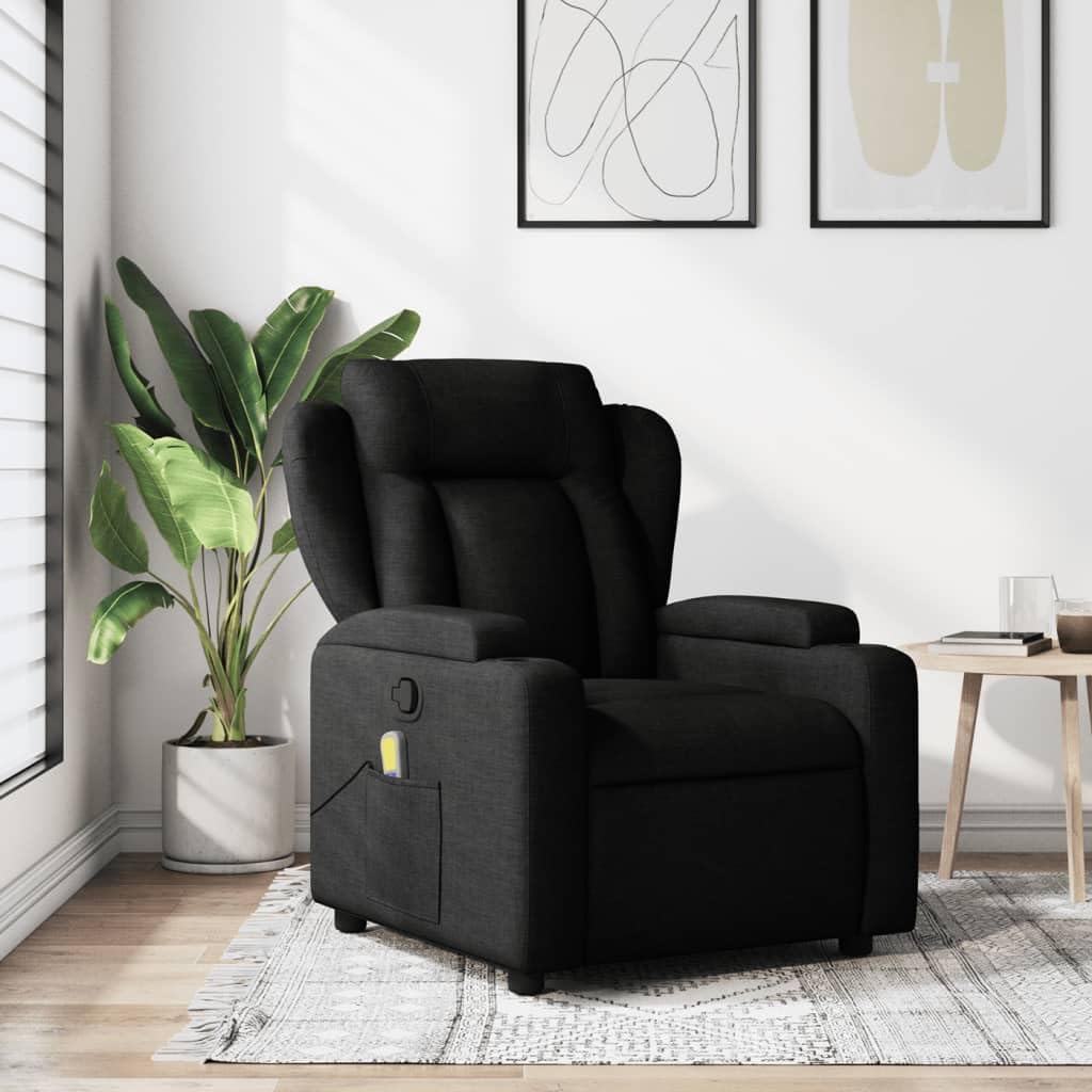 vidaXL Black Fabric Massage Recliner Chair - Manual Adjustment, 6-Point Vibration, Cup Holders, and Side Pocket - Living Room, Lounge, Home Office Seating