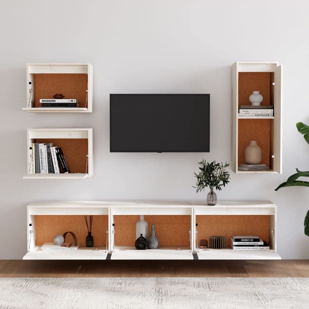 vidaXL TV Stand 6 Pcs, Wall Mounted Entertainment Center TV Console with Storage, Floating TV Stand for Living Room Bedroom, White Solid Wood Pine