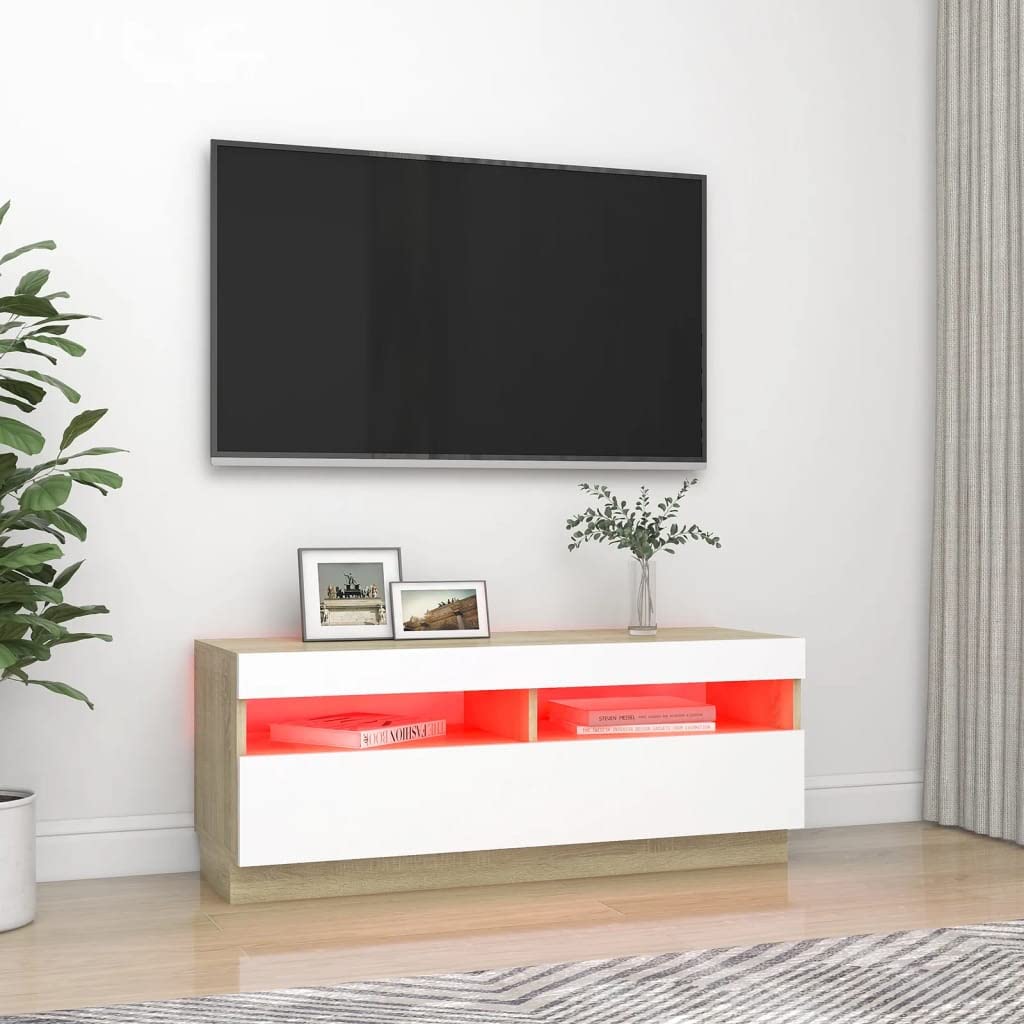 vidaXL TV Cabinet with LED Lights White and Sonoma Oak 39.4&quot;x13.8&quot;x15.7&quot;