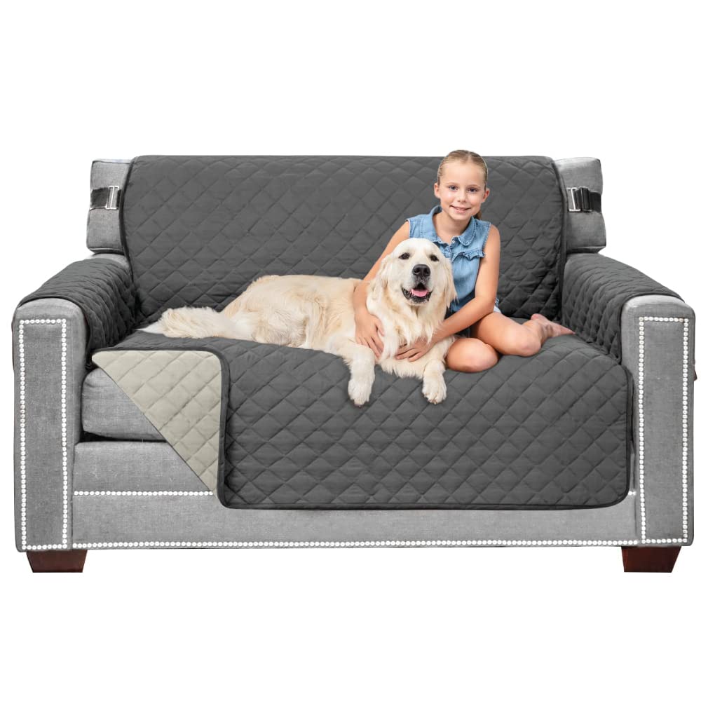 Sofa Shield Loveseat Slip Cover With Patented Strap, Cushion Protector, Reversible Stain And Dog Tear Resistant Slipcover, Quilted Microfiber 54” Seat, Washable Covers For Dogs Pet Kids Charcoal Linen