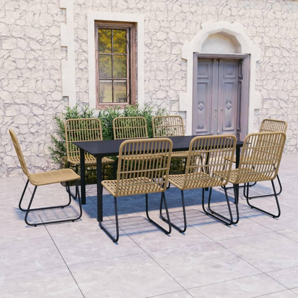 vidaXL Modern Patio Dining Set - 9 Piece Poly Rattan and Glass Table and Chair Set - Easy Assembly, Weather Resistant, Lightweight for Outdoor Use