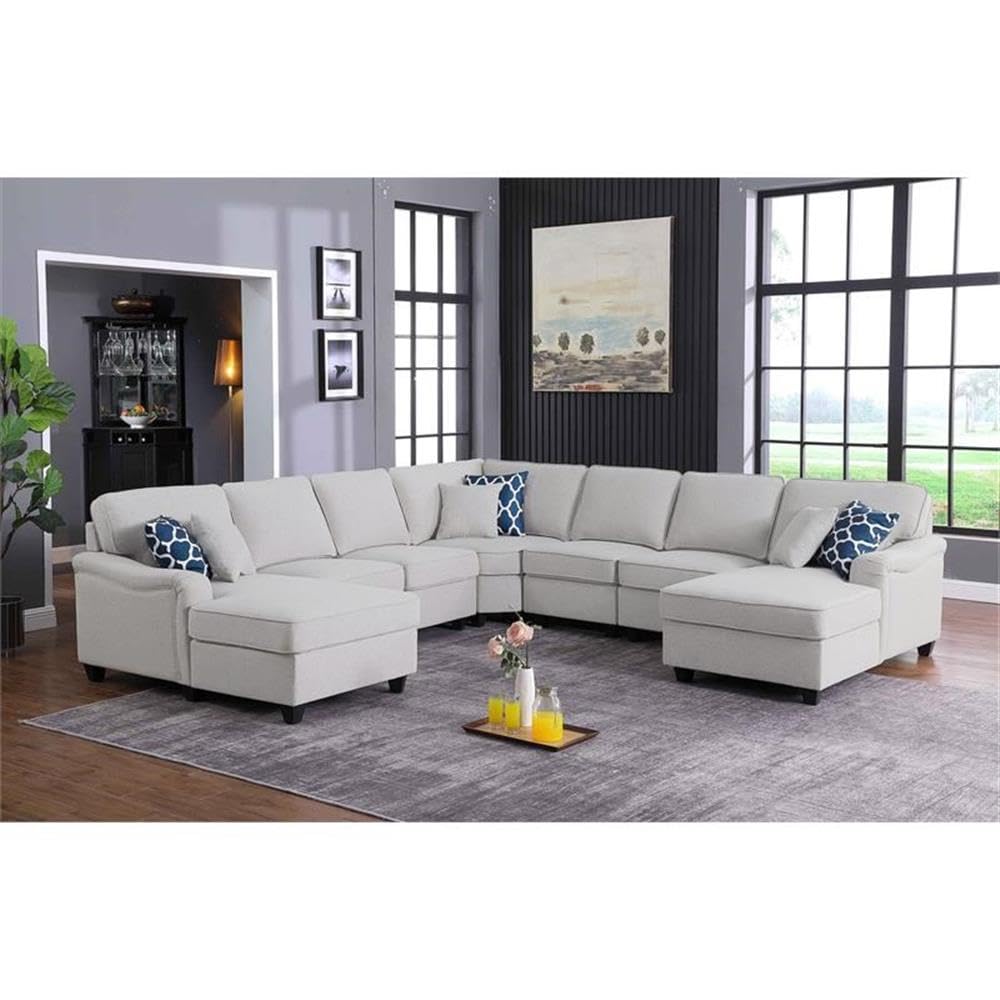 Lilola Home Leo Light Gray Linen Double Chaise 7Pc Modular Sectional Sofa