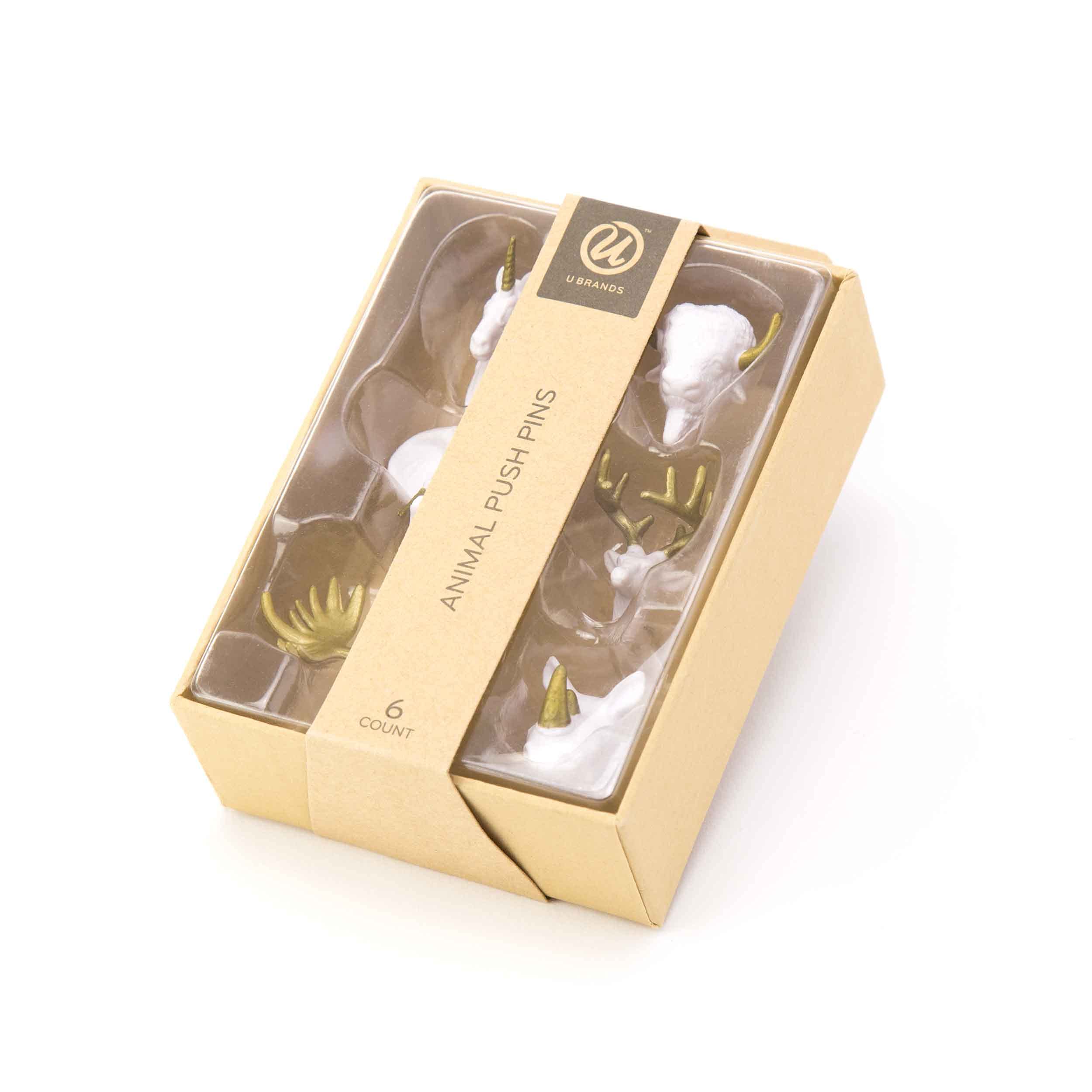 U Brand Gold And White Animal Head Push Pins Set, Office Supplies, 6 Count