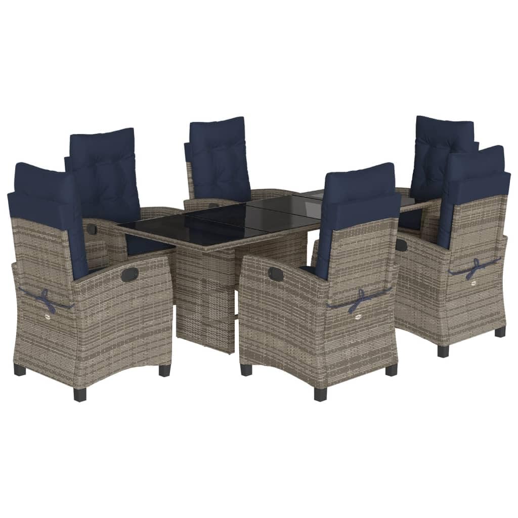 vidaXL 7-Piece Gray Poly Rattan Patio Dining Set with Adjustable Reclining Chairs, Navy Blue Cushions, Tempered Glass Tabletop