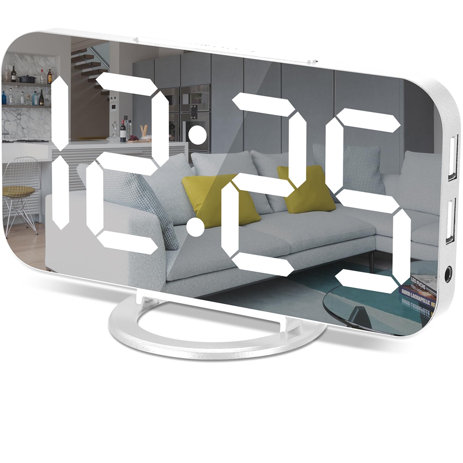 Digital Alarm Clock,7 LED Mirror Electronic Clocks,with 2 USB Charging Ports,Snooze Mode,Auto Adjust Brightness,Modern Desk Wall