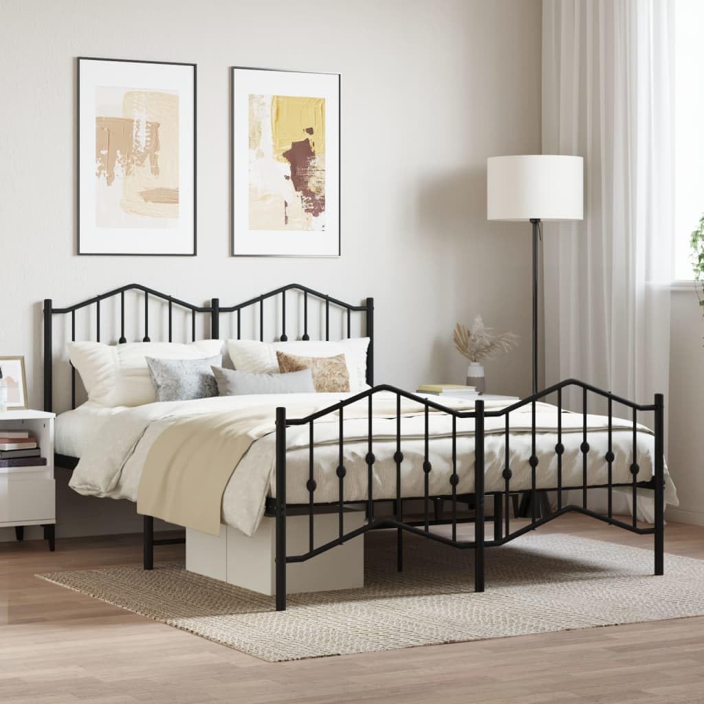 vidaXL Black Metal Double Bed Frame 53.1&quot;x74.8&quot; with Headboard/Footboard - Sturdy Steel Construction, Ample Under-Bed Storage