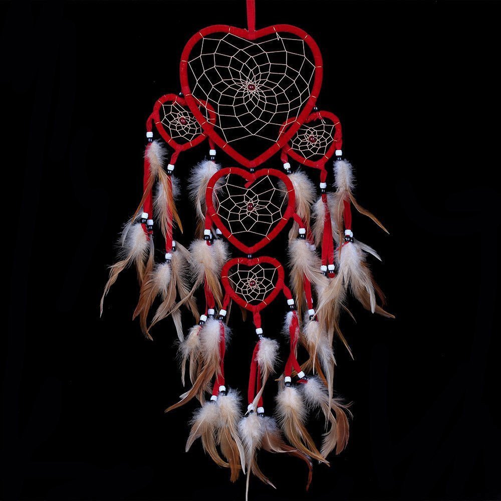Yuyeran Heart Shaped Dream Catcher with Feathers Car Wall Hanging Decoration (Red)