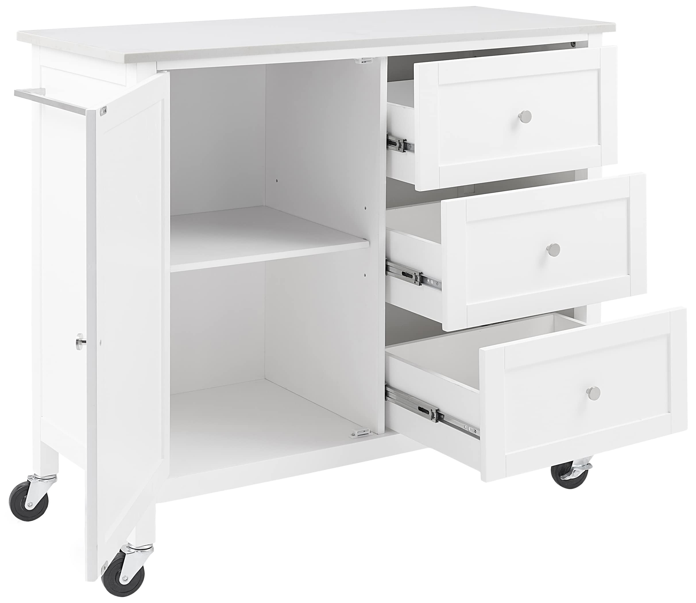 Crosley Furniture Soren Stone Top Rolling Kitchen Island Car, Microwave Stand, Coffee Bar, With Shelves, White