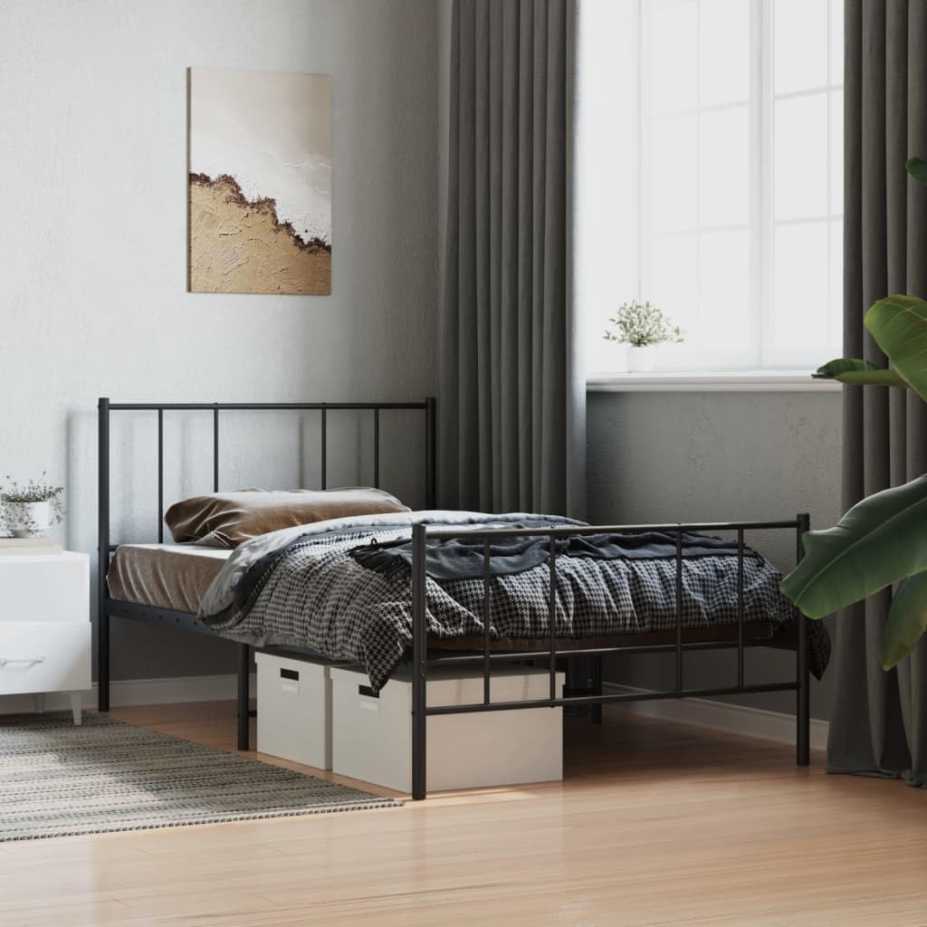 vidaXL Sturdy and Robust Metal Bed Frame with Headboard and Footboard, Powder-Coated Steel Construction, Classic Design, Extra Under-Bed Storage Space, Suitable for 39.4"x74.8" Mattress - Black