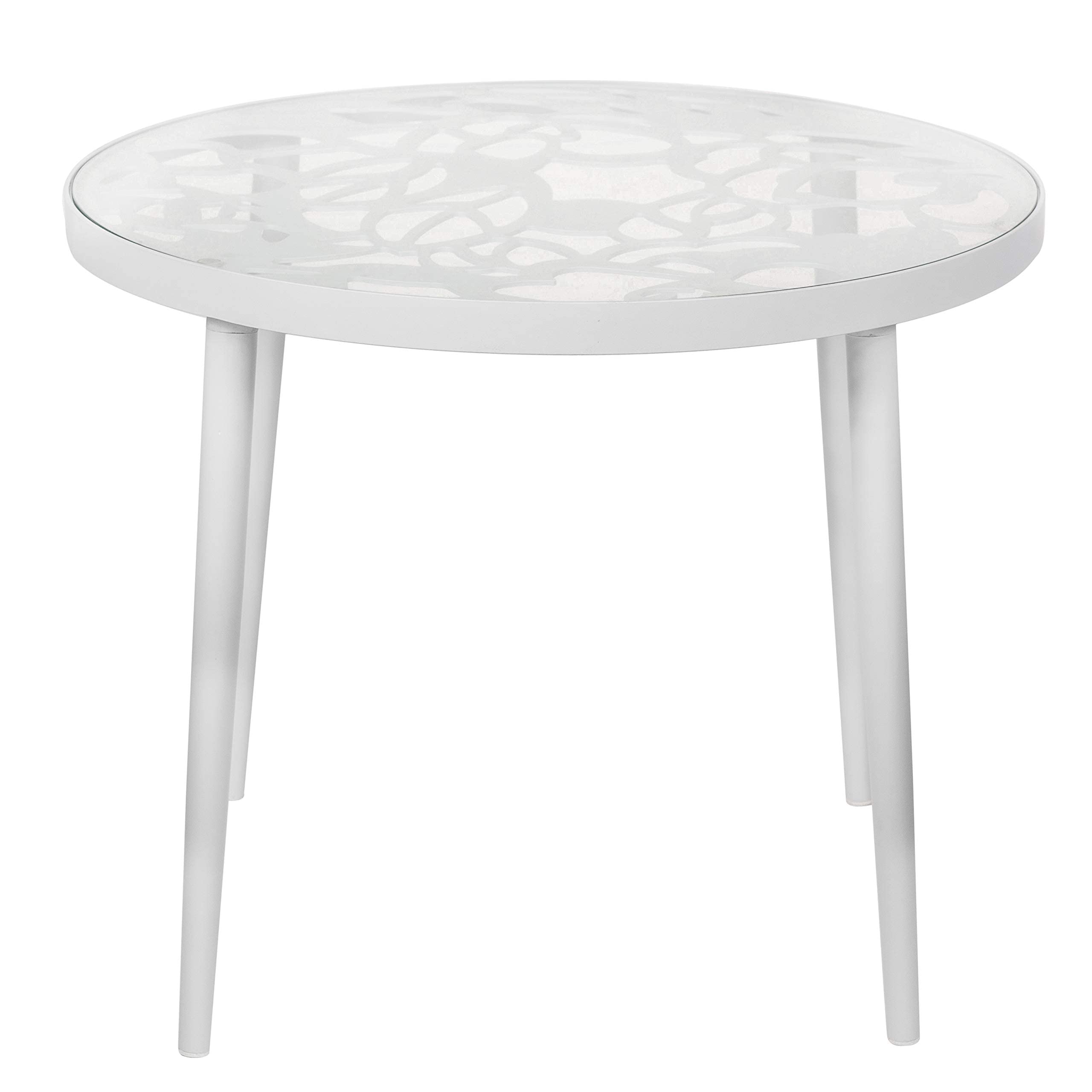 LeisureMod White End Table with Glass Top and Aluminum Base for Indoor & Outdoor Use