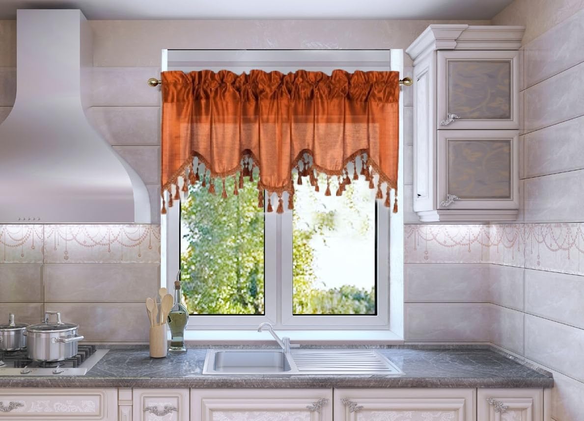 Solid Faux Silk Swag Waterfall Cascade Ascot Window Curtain Valance W/Tassels Trim 55' X18' Wave (1, Brick)