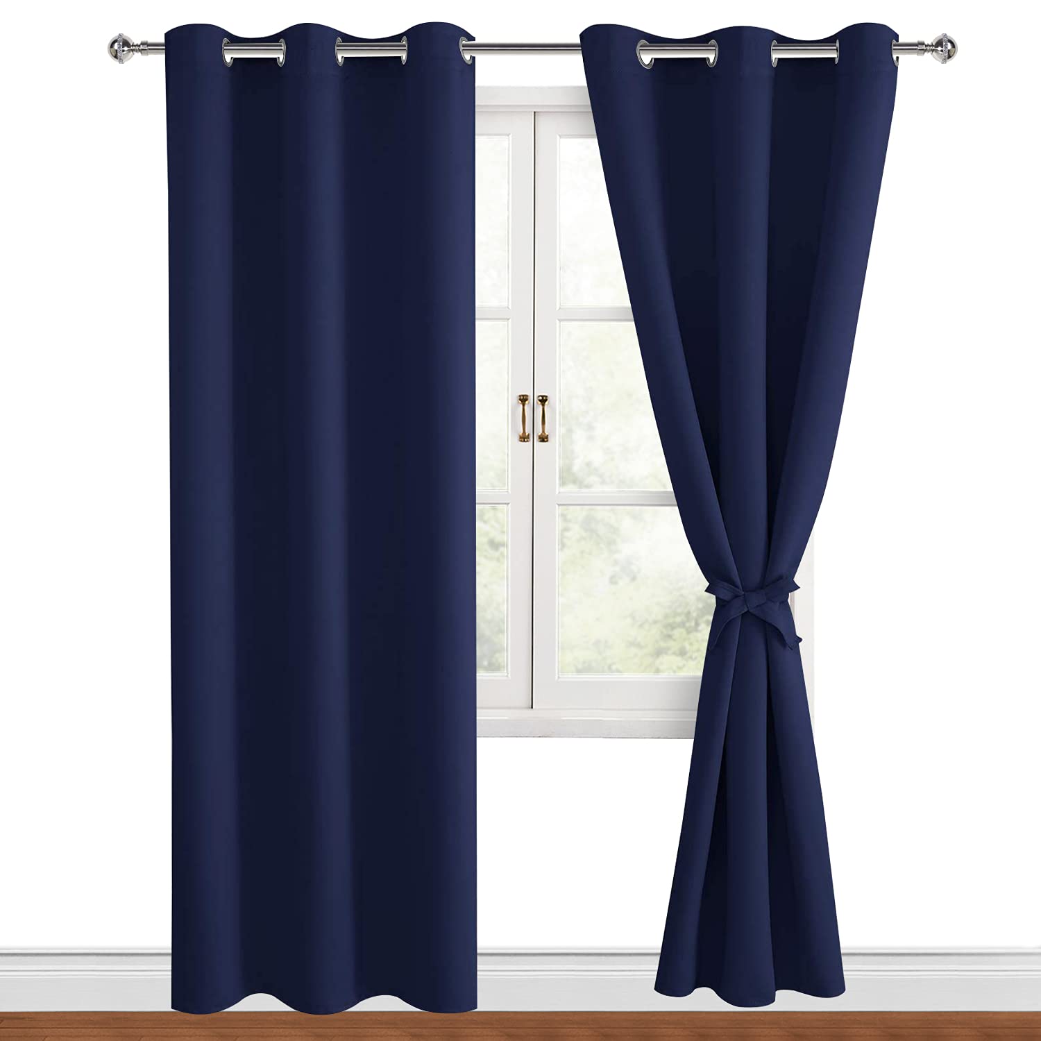Hiasan Blackout Curtains For Bedroom, 38 X 84 Inches Long - Thermal Insulated & Light Blocking Window Curtains For Living Room, 2 Drape Panels Sewn With Tiebacks, Navy Blue