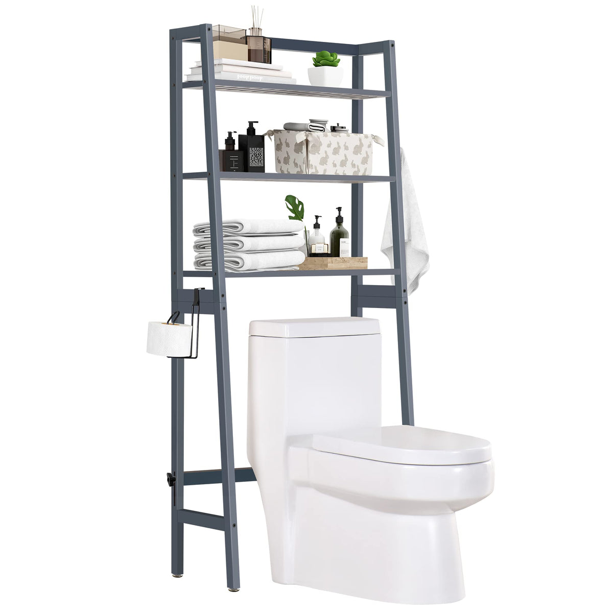 Mallking Over The Toilet Storage, Wooden 3-Tier Over-The-Toilet Rack Bathroom Space Saver Organizer, Freestanding Above Toilet With Toilet Paper Holder And Hooks (Blue Grey)