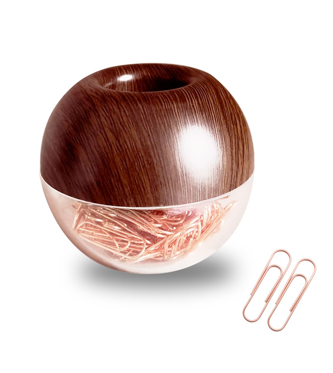 Walnut Wood Paper Clip Holder , Wooden Magnetic Paper Clip Dispenser With Rose Gold Paperclips 100Pcs 28Mm(1.1') Cute Office Su