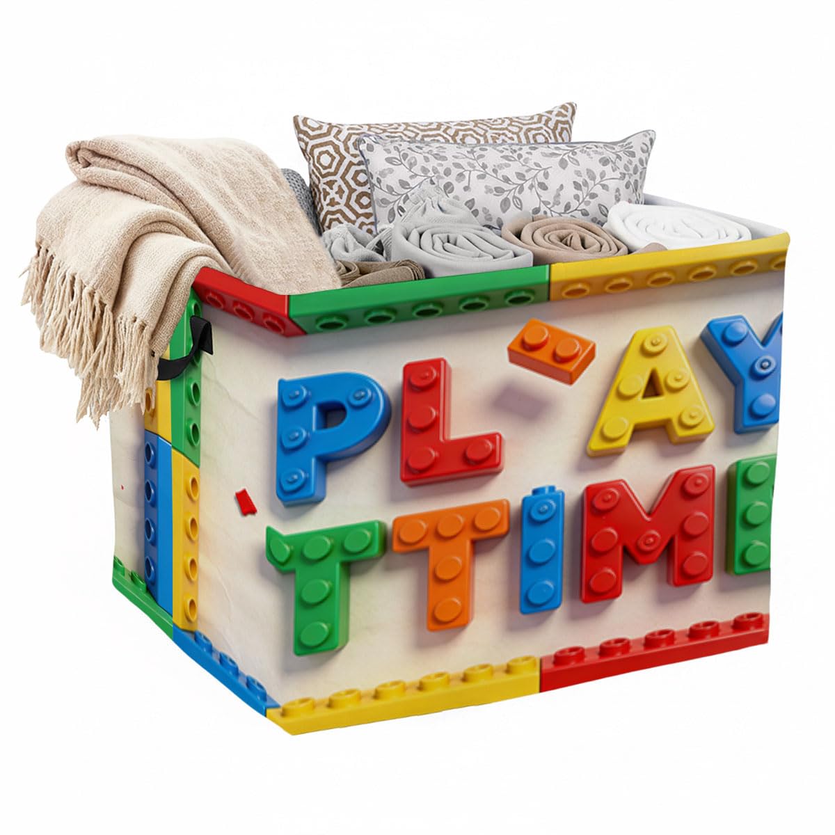 56L Colorful Building Blocks Foldable Square Laundry Hamper with Handles  Large Clothes, Blanket & Toy Storage Basket for Home 