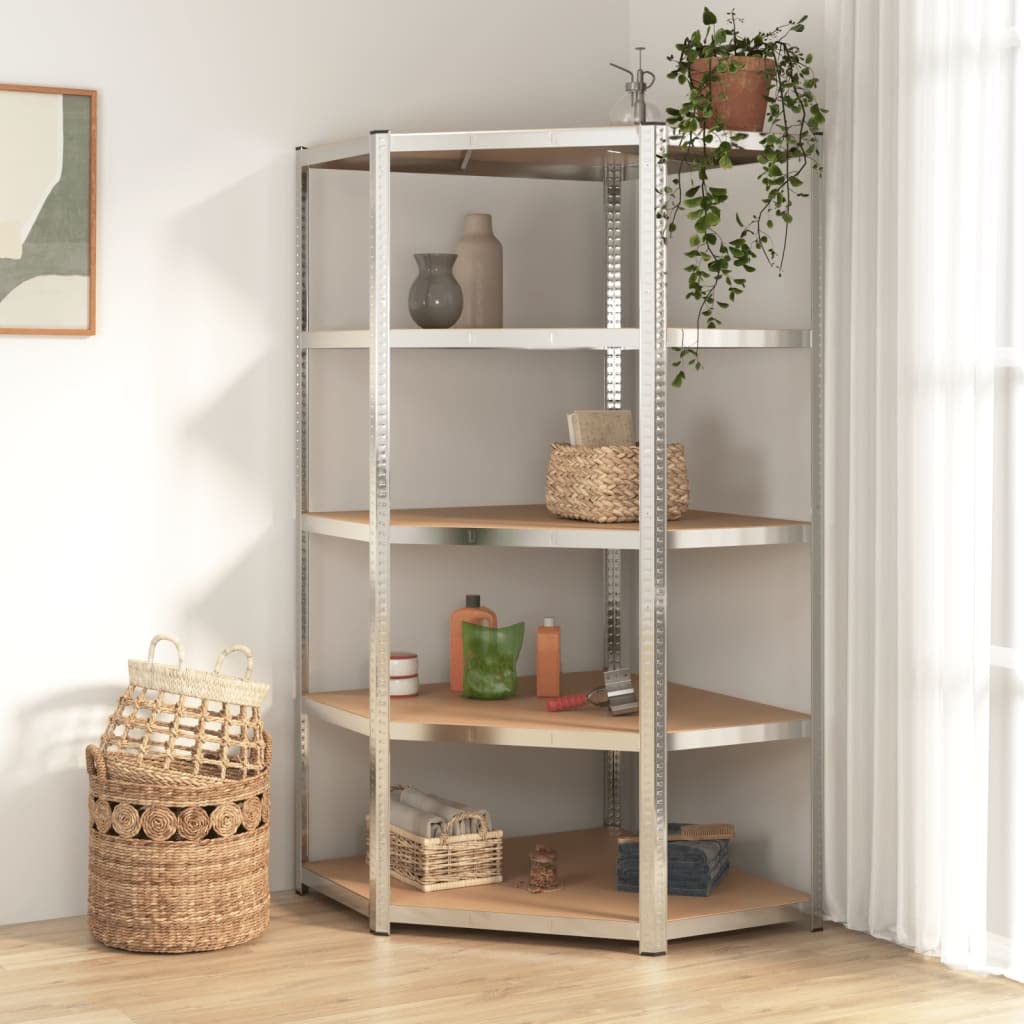 vidaXL 5-Layer Corner Shelf in Silver - Industrial Design - Galvanized Steel and Engineered Wood Construction - Ample Storage Space
