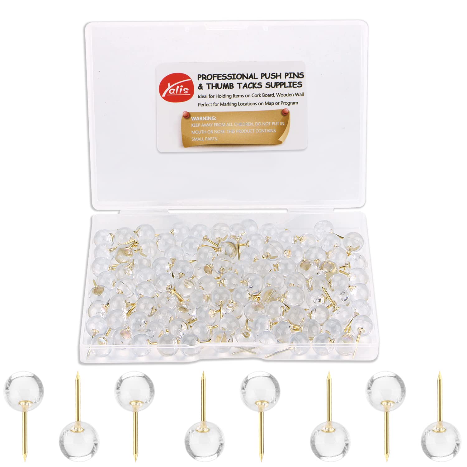 Yalis Push Pins 1/3 Inch Gold Map Tacks 100-Count Large Size Pins Golden Steel Point And Transparent Plastic Round Head (Gold)