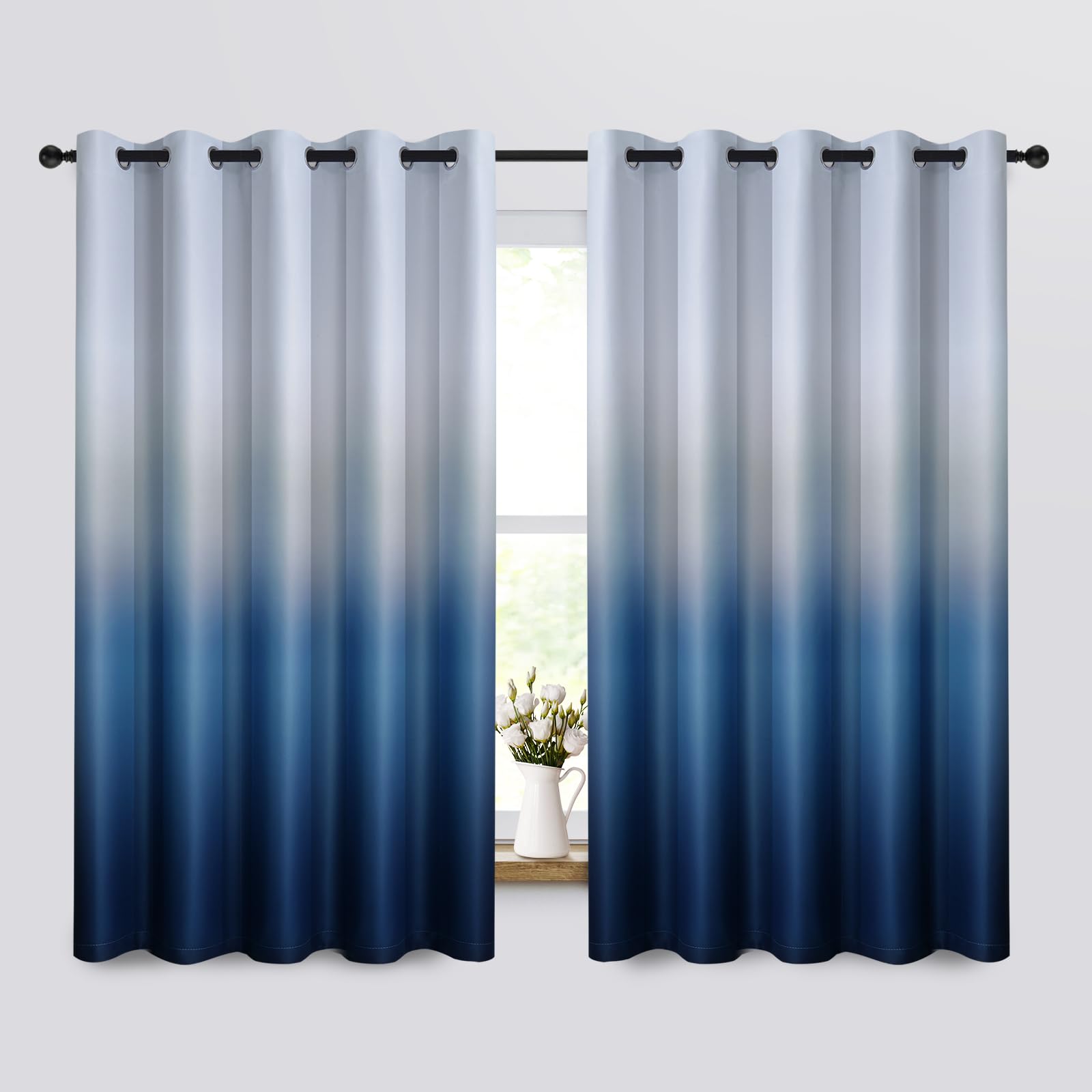 Yakamok 63 Inch Long Ombre Curtains,Thermal Insulated Light Blocking Greyish White To Blue Gradient Color Curtains, Room Darkeni
