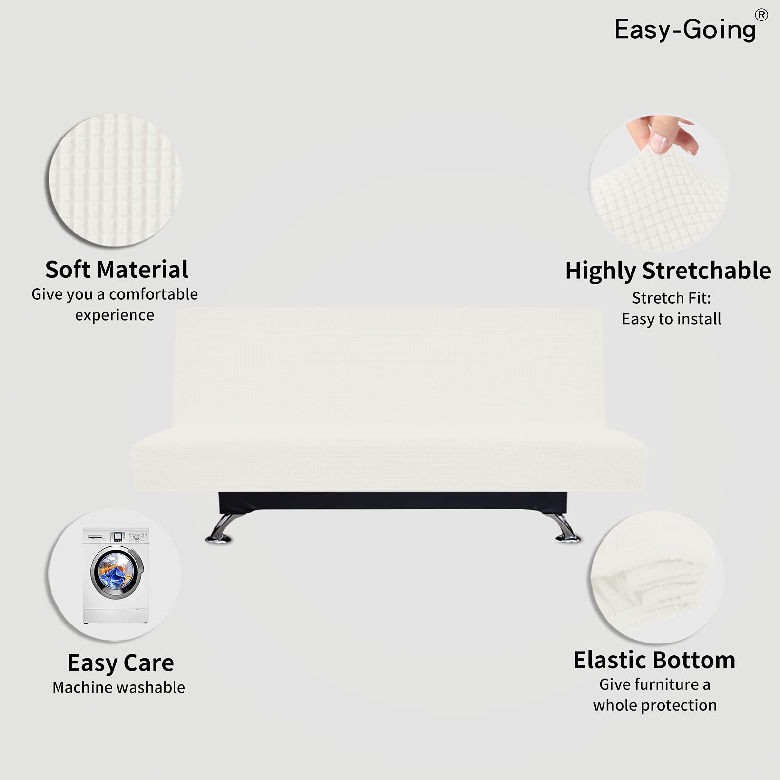 Easy-Going Stretch Futon Slipcover Armless Futon Bed Cover Furniture Protector Without Armrests With Elastic Bottom For Kids, Soft Jacquard Fabric Small Checks (Medium, Cream)