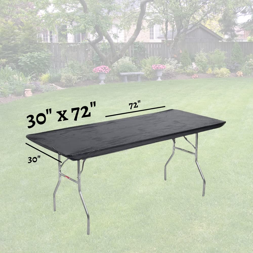 Kwik-Covers Rectangular Plastic Table Covers Bundle Of 10 With One Hundred Forty (140) Ohm Commerce Paper Napkins - Indoor Or Outdoor Fitted Table Covers (Table Not Included) (30X72 10 Pack, Black)