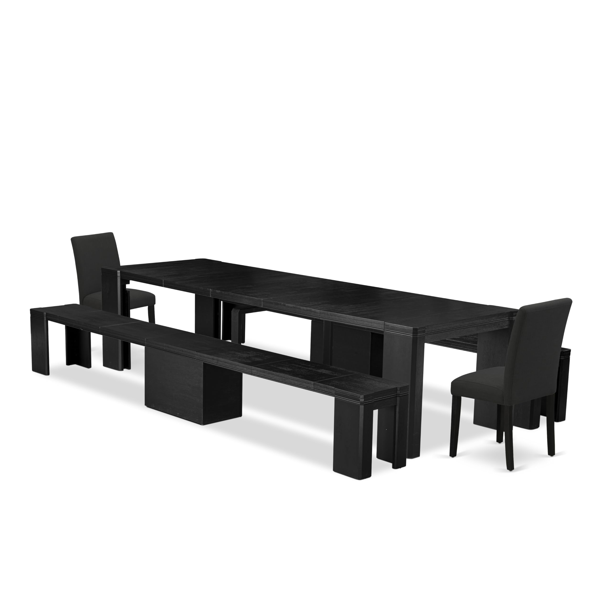 Luxe by East West Furniture - X02AB-206-24 - 5-piece Dining Room Table Set a Rectangular Kitchen Table and 2 wooden Benches and 2 Black Linen Fabric Dining Chair, 39x120 Inch, Wire Brushed Black