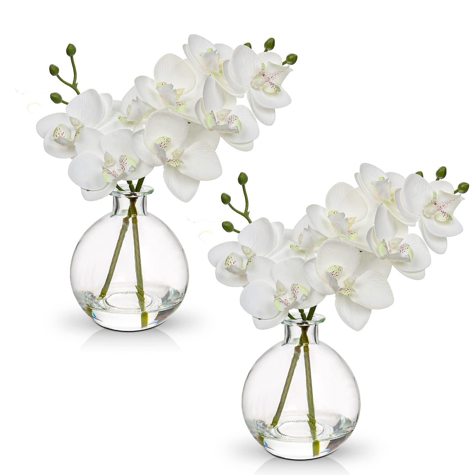 White Orchids Artificial Flowers Faux Orchid Arrangement with Clear Glass Vase Set of 2 Real Touch Phalaenopsis Orchid Flowers O