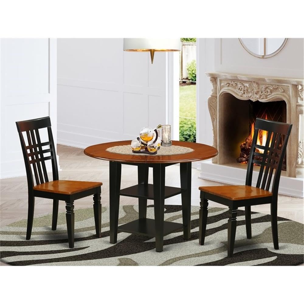 East West Furniture SULG3-BCH-W 3 Piece Modern Dining Table Set Contains a Round Wooden Table with Dropleaf & Shelves and 2 Dining Room Chairs, 42x42 Inch, Black & Cherry