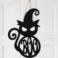 Halloween Door Hanger Black Boo Door Sign Decor Round Wood Hanging Sign Personalized Rustic Door Hanger Sign Wooden Halloween Wa