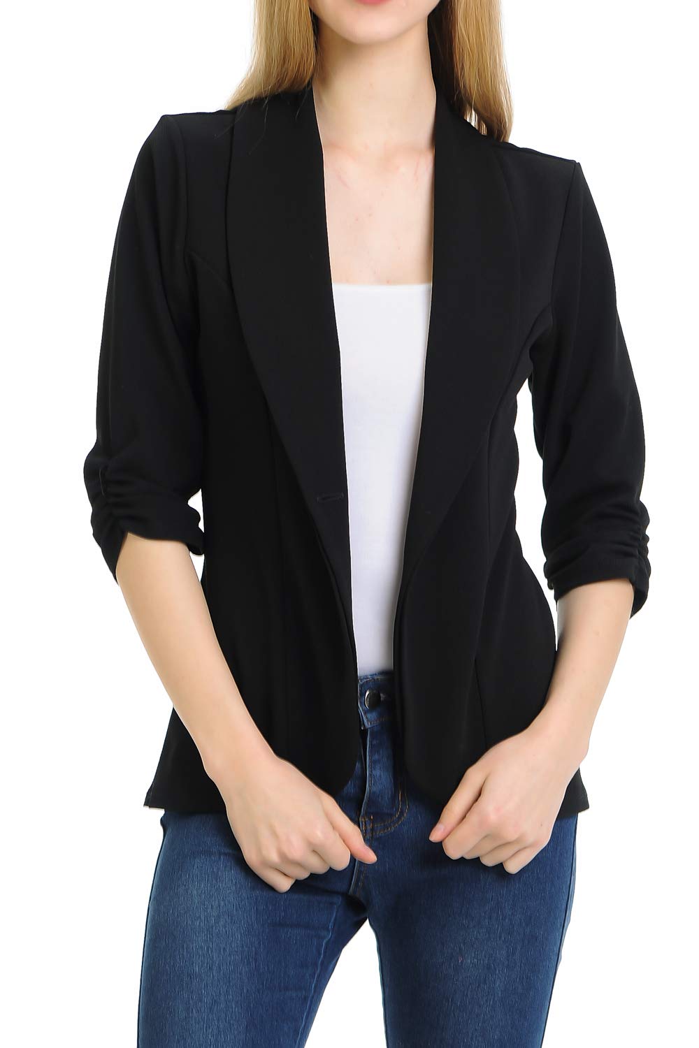 Minefree Womens 34 Ruched Sleeve Lightweight Work Office Blazer Jacket Black 3Xl