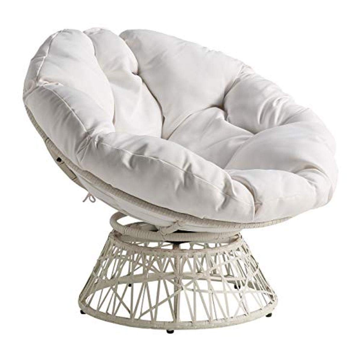 OSP Home Furnishings Wicker Papasan Chair with 360-Degree Swivel, White Frame with White Cushion