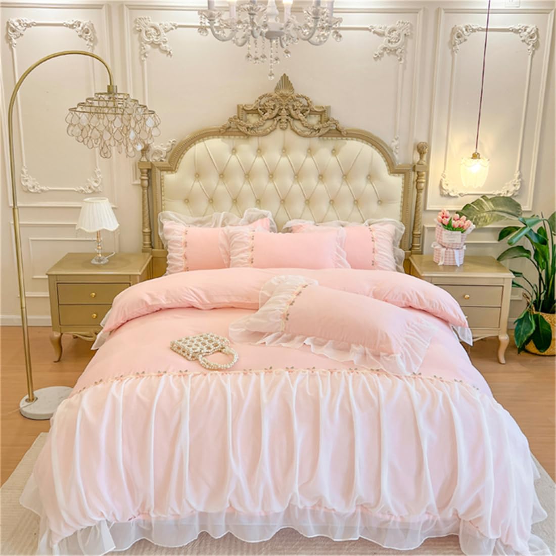 Moowoo Pink Bedding-Romantic Ruffle Lace Bedding Set 3 Piece Comforter Queen Duvet Cover With Zipper Closure,Coquette Room Decor